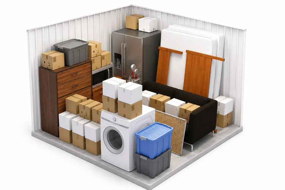 Household belongings packed in a standard drive-up 10x10 storage unit