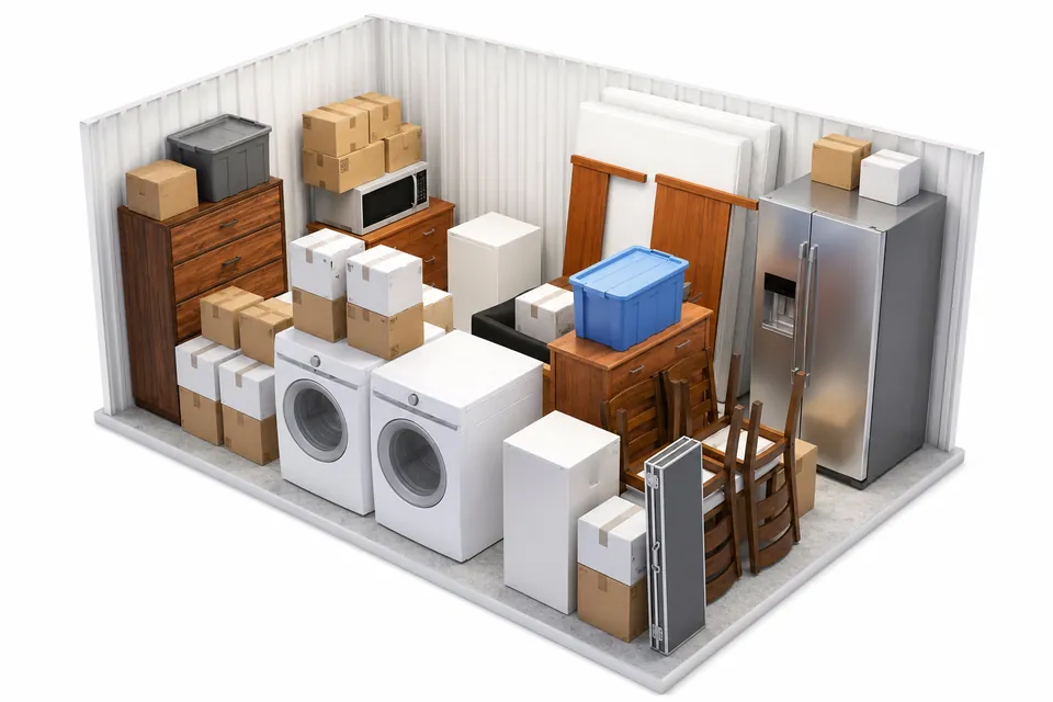 Furniture and boxes from a two-bedroom apartment loaded into a 10x15 drive-up storage unit