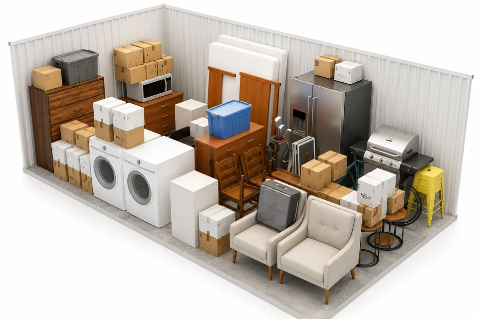 Lawn equipment, patio furniture and holiday decor inside a 10x20 storage unit