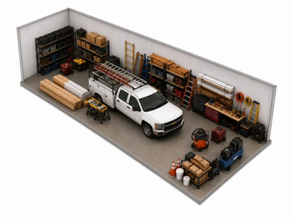 A boat on its trailer stored indoors in a large drive-up storage unit