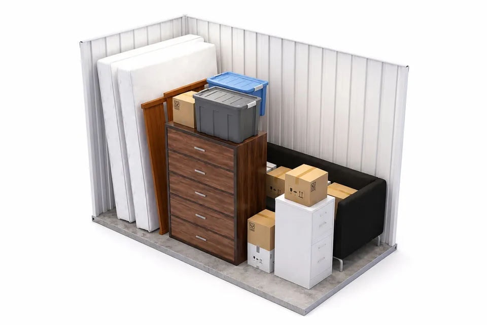A mattress, dresser, loveseat and stacked boxes inside a 5x10 drive-up storage unit