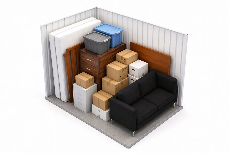 An 8x10 storage unit with boxes, a dresser and a mattress