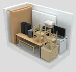 5x10 storage unit with boxes and small furniture